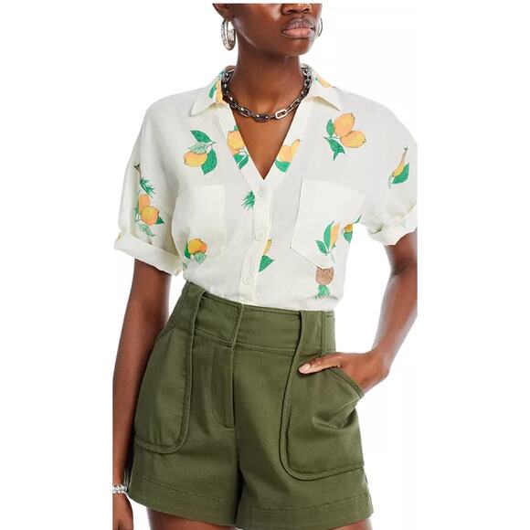 AQUA Linen Blend Short Sleeve Cropped Boxy Fruit Button Down Shirt Small - Picture 1 of 10
